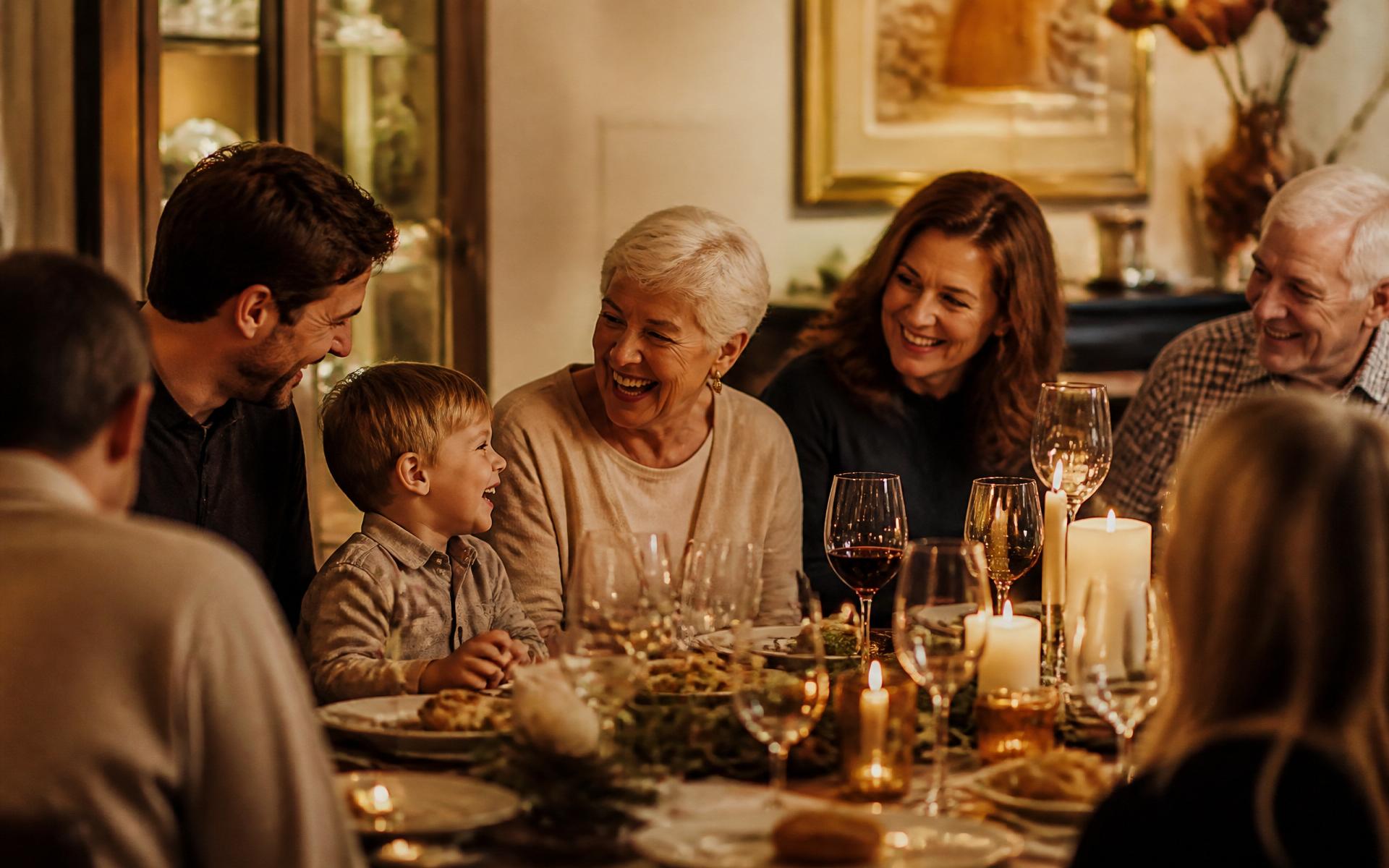 A family laughing together around a candlelit table