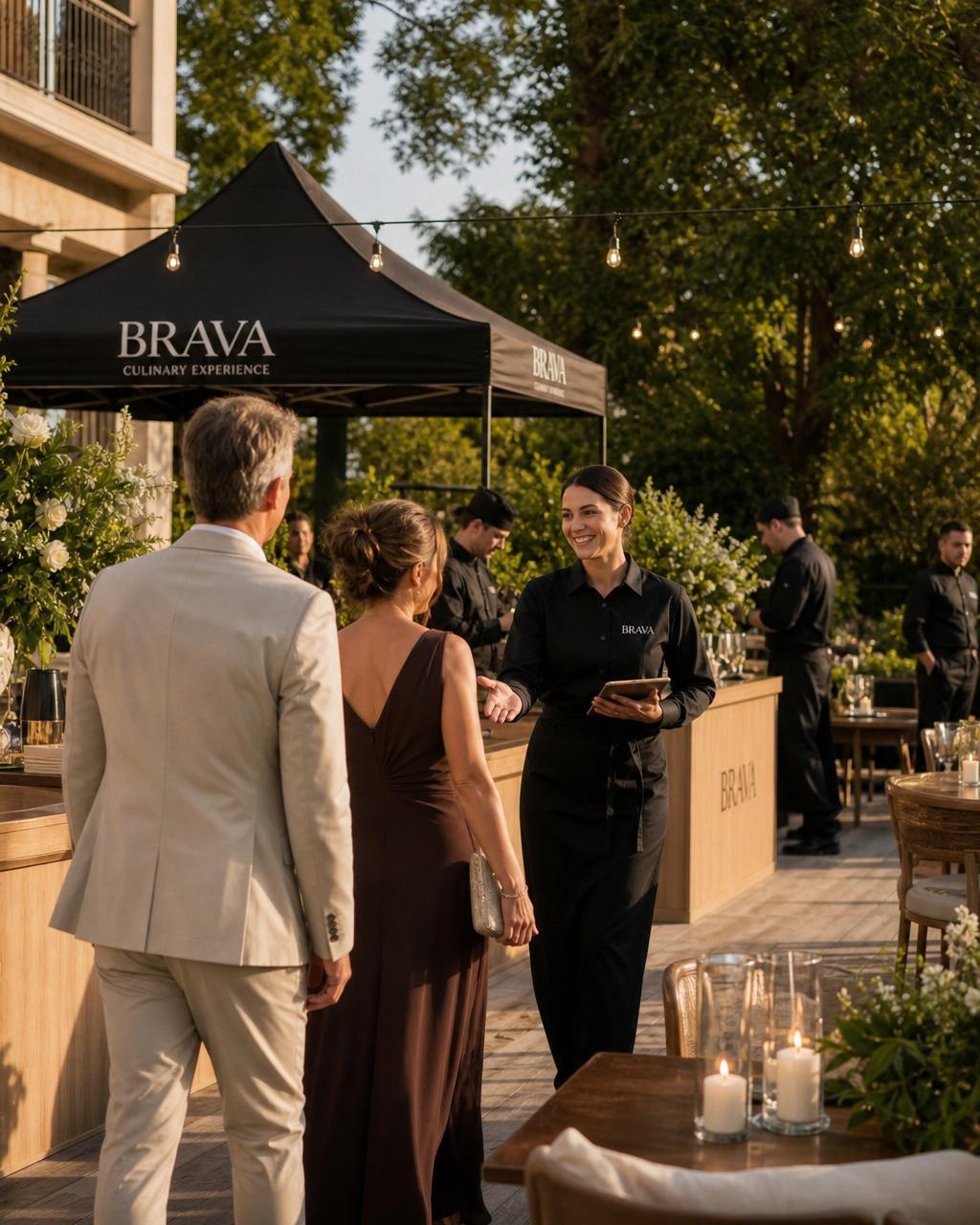 BRAVA team member welcoming guests at an elegant outdoor event