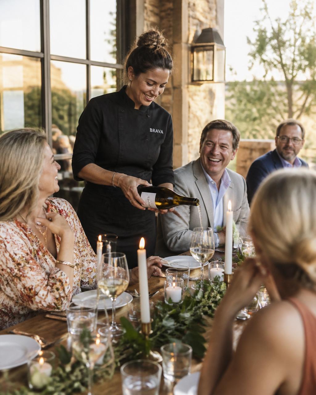 A chef pours wine for guests gathered around an elegant table at a BRAVA event.