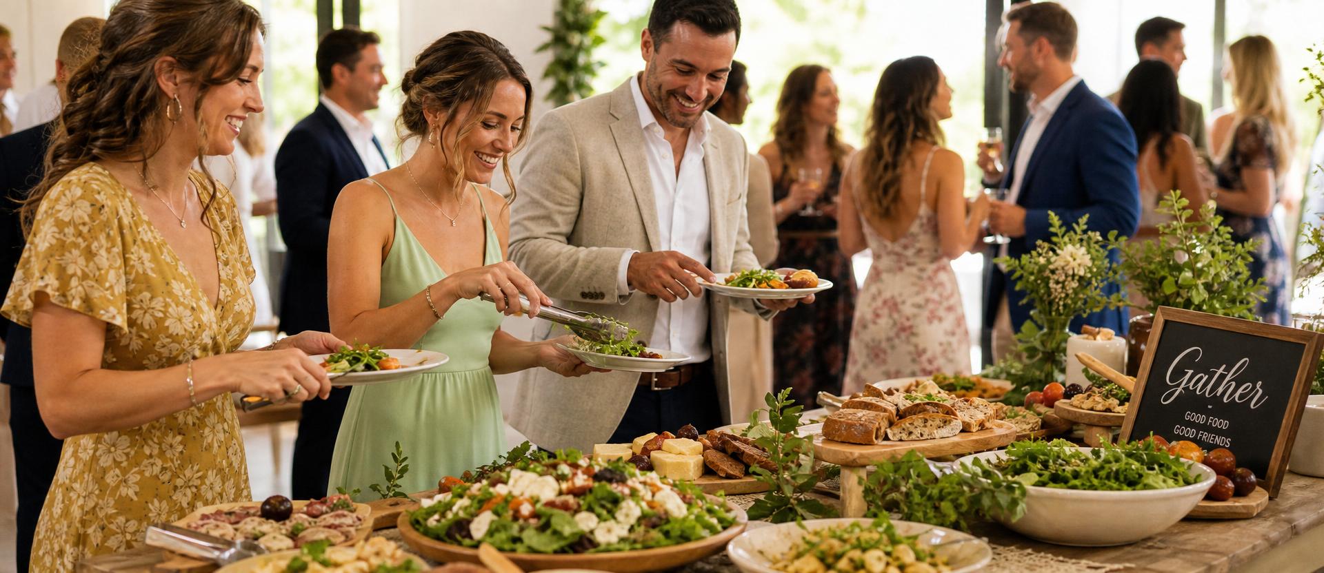 Guests serving themselves at a beautifully styled BRAVA drop-off buffet